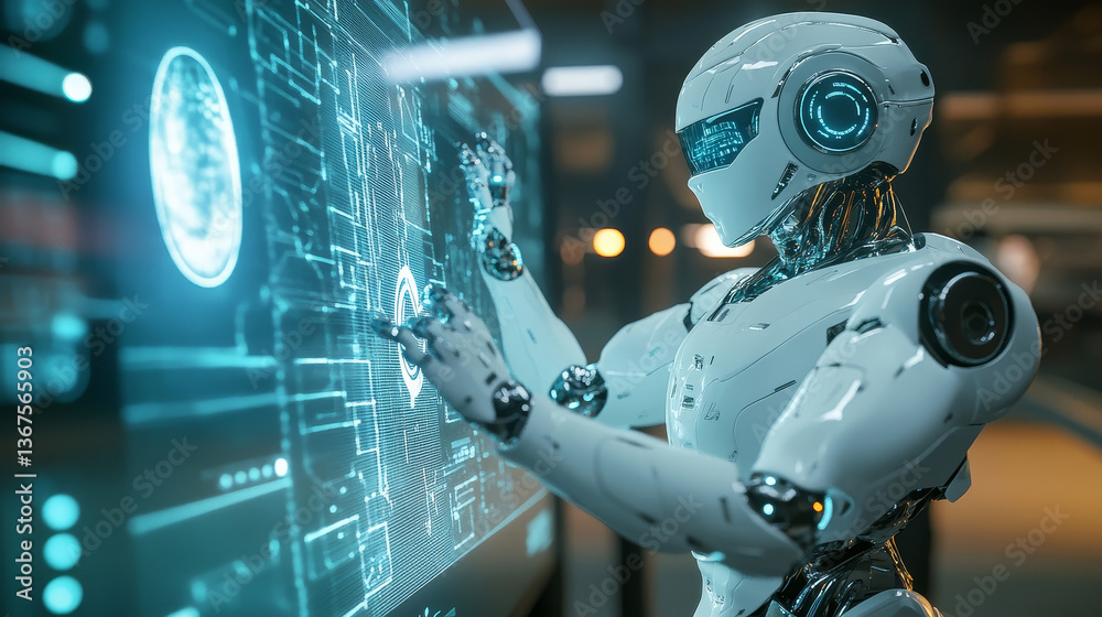 Poster isometric robot with artificial intelligence. robot cybernetic organism works with a virtual hud int