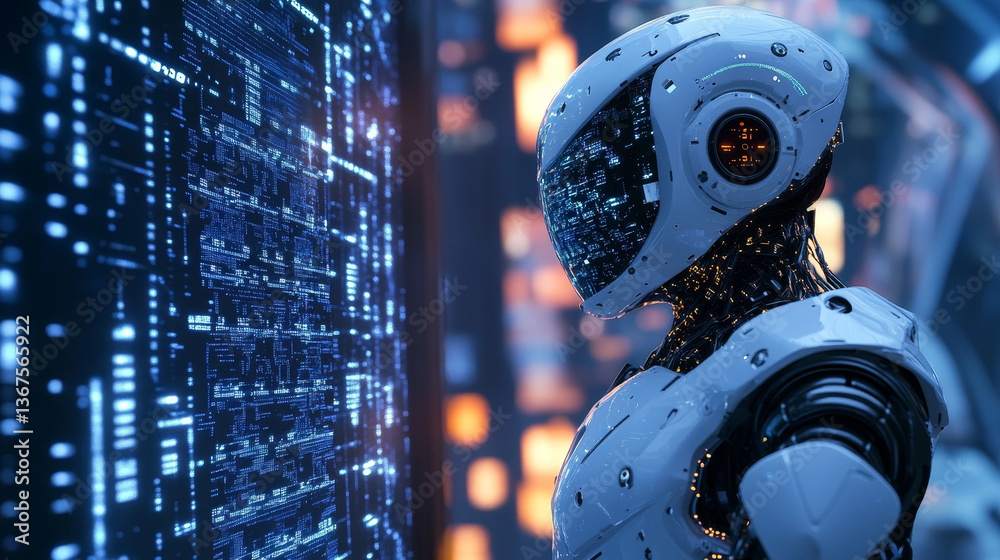 Poster isometric robot with artificial intelligence. robot cybernetic organism works with a virtual hud int