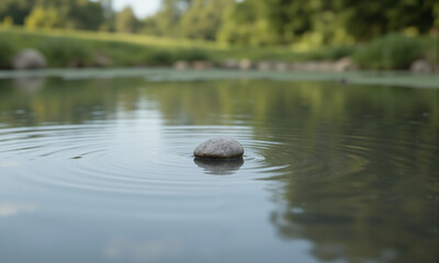Naklejka premium A single pebble resting on the calm surface of a pond, creating a small ripple that slowly dissipates. The surrounding