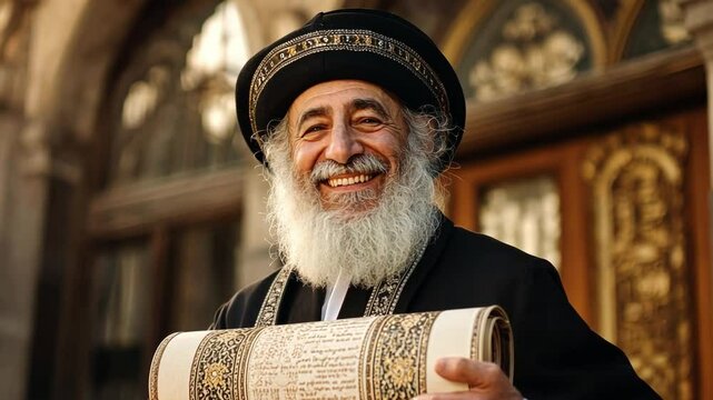 Joyful Rabbi with Torah: A smiling Rabbi, adorned in traditional garb, holds a Torah scroll, radiating wisdom and warmth, bathed in soft sunlight, embodying spiritual guidance. 