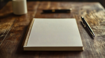 Notebook and pen on wooden desk for writing ideas and planning projects in a creative workspace