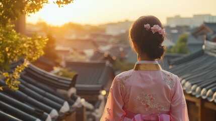 Korean asian woman in traditional korean dress or hanbok dress walking in old palace in night with full moon, Seoul city, South Korea,copy space.