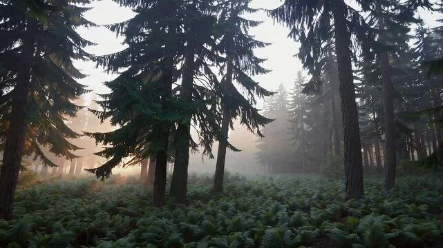 Sunrise through misty forest with tall pines and dense ferns
