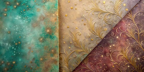 Elegant Cosmic Textures A Trio of Gilded Celestial and Floral Designs on Textured Paper Backgrounds