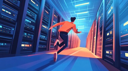 Fototapeta premium Urgent IT Response: Technician Rushes to Resolve Server Problem in Data Center