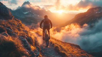 Fototapeta premium A cyclist rides along a narrow mountain path against the backdrop of a vibrant sunset, illuminating the majestic peaks with a golden glow..
