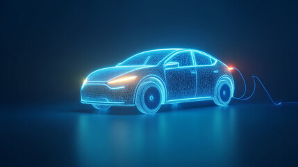 3d rendering ev car icon or electric vehicle sign with glow on blue background