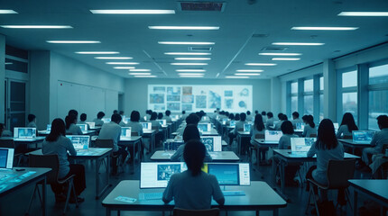 Aula moderna con estudiantes usando computadoras portátiles