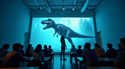 Estudiantes observando dinosaurio en proyección educativa inmersiva
