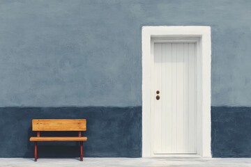 Wooden bench beside a white door on a textured blue wall in a peaceful outdoor setting