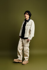 Stylish young man showcases modern fashion in a vibrant studio setting