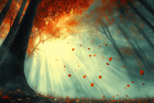 Misty forest with falling leaves and light rays piercing through foliage creating an enchanting atmosphere