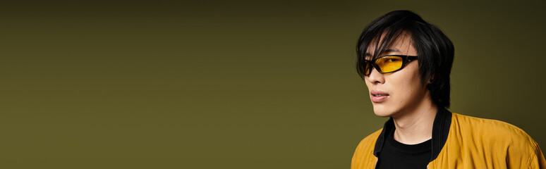 Stylish young man showcases modern fashion in a creative studio setting