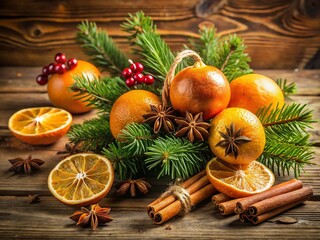 Festive Christmas Composition: Oranges, Cinnamon, Fir & Spices