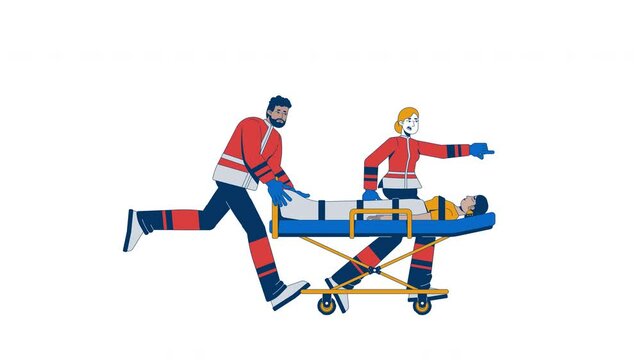 Diverse paramedics rushing with patient on stretcher cartoon animation. Emergency responders transporting unconscious woman animated flat 2D characters 4K video isolated on white, scene storytelling
