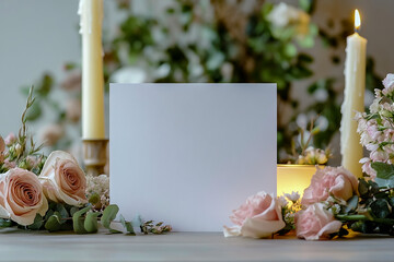 Blank card mock-up with roses and candles for wedding invitation or greeting card design template ideas