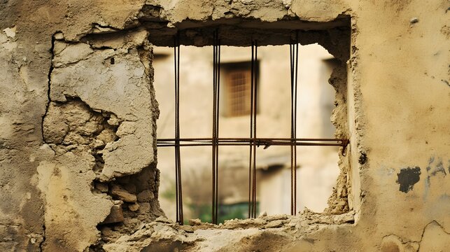 Ruined Wall with Rusty Rebar Window Frame