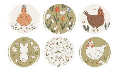 cute vector hand drawn set of logo design templates, icons and badges for social media highlight with easter holiday elements like hen, eggs, bunny and flowers