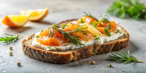 Appetizing Smoked Salmon and Cream Cheese Open-Faced Sandwich with Fresh Herbs and Citrus Garnish