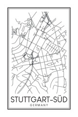 Hand drawn printable downtown road map poster of borough STUTTGART-SÜD of the German city of STUTTGART on solid white background with city name