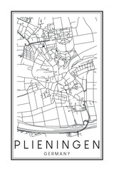 Hand drawn printable downtown road map poster of borough PLIENINGEN of the German city of STUTTGART on solid white background with city name
