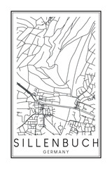 Obraz premium Hand drawn printable downtown road map poster of borough SILLENBUCH of the German city of STUTTGART on solid white background with city name