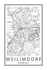 Hand drawn printable downtown road map poster of borough WEILIMDORF of the German city of STUTTGART on solid white background with city name