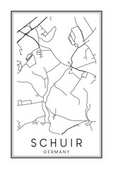 Hand drawn printable downtown road map poster of borough SCHUIR of the German city of ESSEN on solid white background with city name