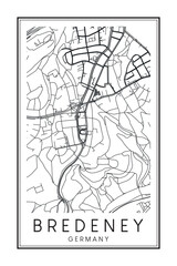 Hand drawn printable downtown road map poster of borough BREDENEY of the German city of ESSEN on solid white background with city name