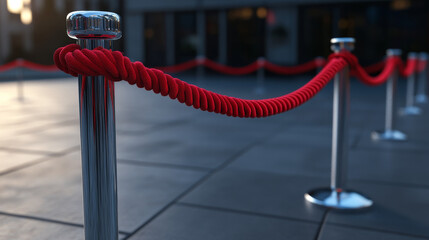 Control barrier with red rope on silver stanchions. Realistic 3d template element isolated. Exclusive event, movie premiere, gala, ceremony, awards concept. Vector illustration.