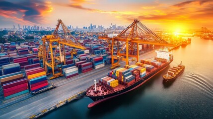 Naklejka premium Cargo Ship Loading Containers at Port with Dramatic Sunset and Cityscape