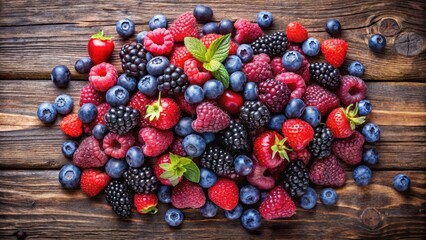 A Bountiful Collection of Summer Berries Raspberries, Blackberries, Blueberries, and Strawberries Arranged on a Rustic Wooden Surface © Kukar Studio