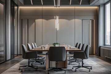 Fototapeta premium Faintly Visible Office Meeting Zone with Elegant Modern Design and Subdued Ambiance
