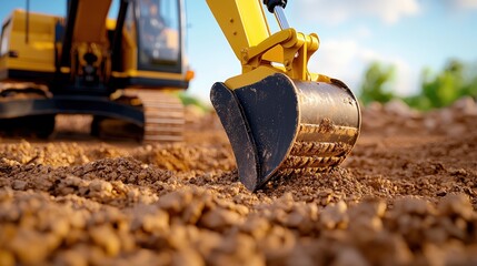 A close-up of an excavator's bucket digging into rocky ground under a clear sky, showcasing construction and earth-moving activity.