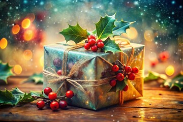 Festive Double Exposure: Christmas Gifts & Holly Berries