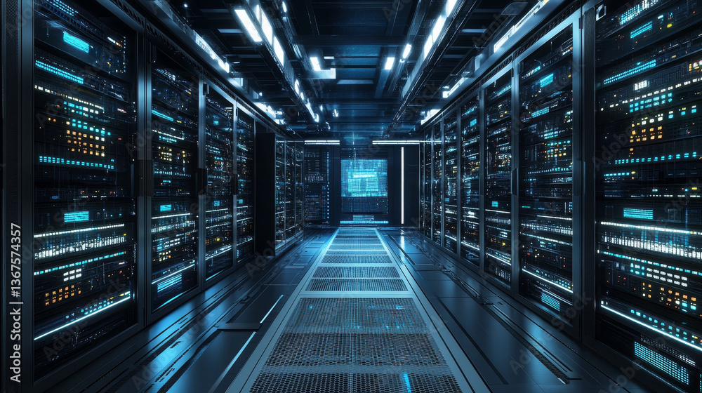 Poster inside large data center. advanced cloud computing concept. corridor with server racks and cabinets 