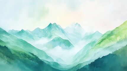 Fototapeta premium Watercolor of landscape forest misty mountains horizon and fog and hills,pine tree fir tree,Autumn forest background,drawn by hand,Autumn illustration design elements for landscape,wallpaper.