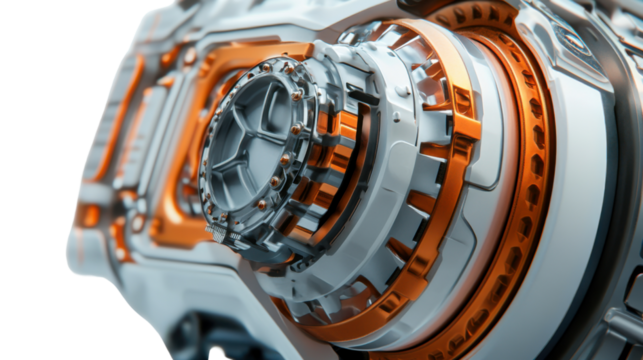 Futuristic Machine: Capturing a close-up view of an intricately designed, metallic machine with a polished finish, showcasing its complex inner workings and futuristic aesthetic