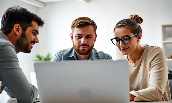 Group of business people working together on a laptop at an office, smiling and collaborating as a team in their modern office space in slow motion