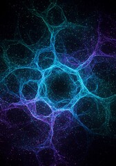 青紫の光輝き、複雑に絡み合う神秘的構造。深淵な宇宙、輝く粒子。