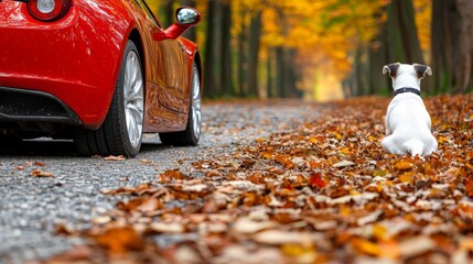A white dog sits beside a red car on a leaf-covered road in autumn
