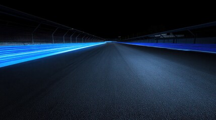 Night race track asphalt with blue light trails.