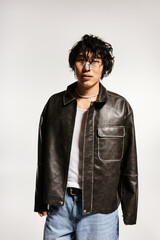 Fototapeta premium Urban aesthetics asian model poses in studio wearing fashion leather jacket