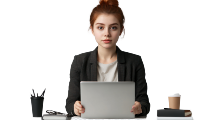 Businesswoman at Desk: A focused businesswoman with red hair, a stylish suit, and a confident demeanor, works on a laptop at her desk, showcasing professionalism and business acumen.