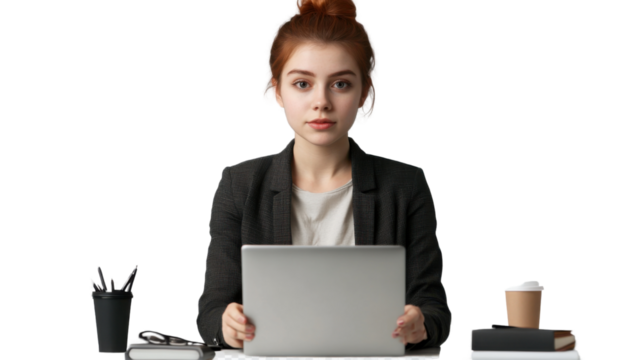 Businesswoman at Desk: A focused businesswoman with red hair, a stylish suit, and a confident demeanor, works on a laptop at her desk, showcasing professionalism and business acumen. - Powered by Adobe