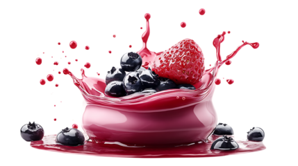 Bilberry with half slice falling and floating red water splash png