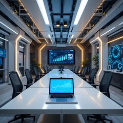 Futuristic conference room with modern technology and digital presentation