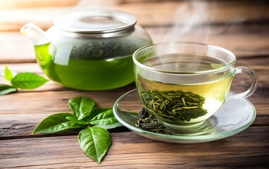 Steaming Cup of Green Tea with Teapot and Leaves on Wooden Table