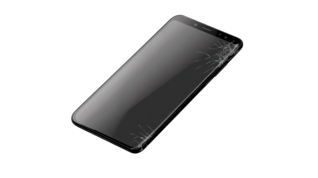 Cracked Screen Damage: A close-up shot of a modern black smartphone with a cracked screen, illustrating the concept of damage, malfunction, and digital vulnerability.