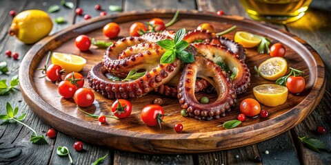 Fototapeta premium Delicious Grilled Octopus Rings Served on Rustic Wooden Platter with Fresh Herbs and Cherry Tomatoes